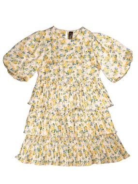 Floral Tiered Pleated Dress Size S Puff Sleeve Silky Mini